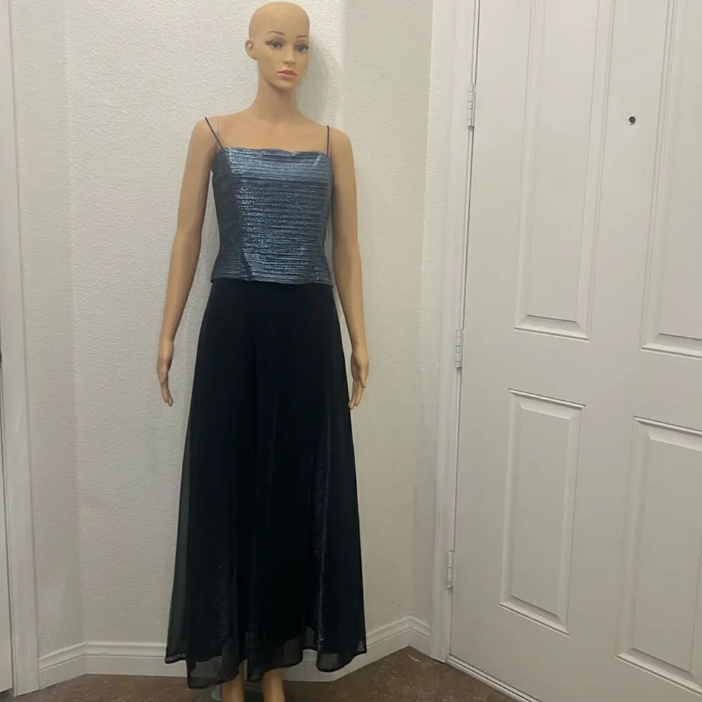 Betsy & Adam Dress By Jaslene Sz 8 Blue Silver Metallic Sheer Lined Maxi Party